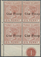 12596 Turks- Und Caicos-Inseln: 1889, TURKS ISLAND: QV 2½d. Red-brown Surch. 'One Penny' Block Of Four Fro - Turks & Caicos