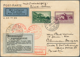12873 Flugpost Europa: 1934, LIECHTENSTEIN, Swissair Balkanflug Zürich-Athen Auf Karte (leicht Fleckig), L - Sonstige - Europa