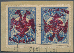 13320 Albanien: 1913. Téte Bêche Pair On Piece Blue Turkish 1 Piaster Stamp Of The Mohamed V Issue, Overpr - Albanie