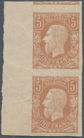 13372 Belgien: 1869, King Leopold II. 5 Fr. Yellow-brown, Imperforated Vertical Proof Pair With Sheet Marg - Other & Unclassified