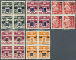 13496 Dänemark - Färöer: 1940/1941, Revaluation Overprints, Complete Set Of Five Values As Blocks Of Four - Féroé (Iles)