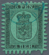13534 Finnland: 1866, 8 Penni Black On Ordinary Green Paper, The VERY RARE ROULETTE E. Cancelled With Smal - Storia Postale