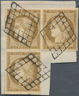 13553 Frankreich: 1849, 10 C Olive-brown Ceres, L-shaped Block Of 3 On Piece, Good, Mostly Large Margins A - Usati