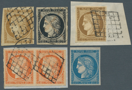 13554 Frankreich: 1849, Ceres Group Of 6 Stamps: 25 C Blue, Large Margins, Mint Hinged With Original Gum; - Oblitérés