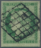 13555 Frankreich: 1850, 15 C. Green Ceres Imperf With Well Margins, Used With Grid Cancellation, Signed. M - Gebraucht