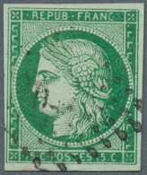 13556 Frankreich: 1850, 15 C. Green Ceres Imperf With Well Margins, Used With Grid Cancellation, Signed. S - Gebraucht