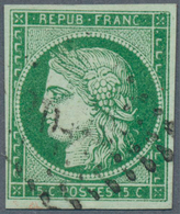 13556 Frankreich: 1850, 15 C. Green Ceres Imperf With Well Margins, Used With Grid Cancellation, Signed. S - Usati