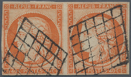 13570 Frankreich: 1850, Ceres 40 C. Orange, Horizontal Pair With Rhombic Grid Cancellation Small Margins, - Oblitérés