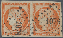13571 Frankreich: 1850, Ceres 40 C. Orange, Horizontal Pair Tied By PC ''1078'', Good Margins, Signed. Miche - Gebraucht