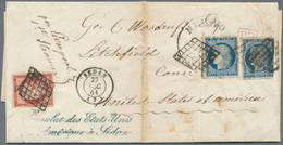 13579 Frankreich: 1851, 1fr. Carmine And Two Singles 25c. Blue, All Fresh Colour, Cut Into To Huge Margins - Usati