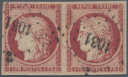 13581 Frankreich: 1850, Ceres 1 Fr. Carmine, Horizontal Pair Tied By PC ''1031'', Good Margins All Around. M - Oblitérés