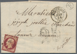 13596 Frankreich: 1858, 1 Fr. Karmin (dreiseitig Berührt, Eckfehler Unten Rechts) Als Einzelfrankatur Auf - Oblitérés
