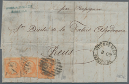 13605A Frankreich: 1864: 40 Cts Orange, Three Stamps, On Letter From Marseilles To Reus, Spain, Tied By Num - Oblitérés