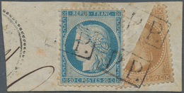 13616 Frankreich: 1863/1871, 10 C Yellow-brown Napoleon, Diagonally Bisected, Together With 20 C Blue Cere - Oblitérés
