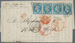 13618 Frankreich: 1870, 20 C Blue Napoleon Lauré, Horizontal Strip Of 4, Tied By Gros Chiffres "3174", Mul - Oblitérés
