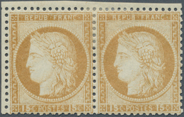 13655 Frankreich: 1873, 15c. Bistre, Horiz. Pair From The Upper Left Corner Of The Sheet (trimmed Margins) - Gebraucht