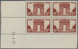 13752 Frankreich: 1931, 2fr. "Arc De Triomphe", Marginal Block Of Four From The Lower Left Corner Of The S - Gebraucht
