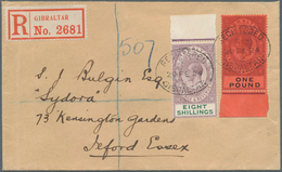 14070 Gibraltar: 1912, 8 Sh. Und 1 Pfund Georg V., Je Glasklar Gestempelte Luxusrandstücke Auf "REGISTERED - Gibraltar