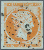 14083 Griechenland: 1861, Hermes Head 10 Lepta Orange On Bluish, Broad Margins, With Number Cancellation " - Lettres & Documents
