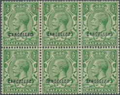 14205 Großbritannien: 1924, ½d. Green, Wm Block Cypher, Block Of Six With "Cancelled" Overprint (type 28), - Sonstige & Ohne Zuordnung
