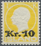 14610 Island: 1924, "Kr.10" Auf 1 Krone Gelb, Unsigniert, Tadellos Postfrisches Stück. (Mi. 850.- Euro) - Sonstige & Ohne Zuordnung