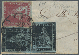 14694 Italien - Altitalienische Staaten: Toscana: 1851; 1 Cr Carmine Red + 2x 1 Qtr.black, All On Bluish P - Toskana