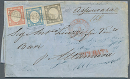 14705 Italien: 1861: Neapolitan Provinces. Three Colour Franking Consisting Of 1 Gr. Dark Grey, 2 Gr Light - Poststempel