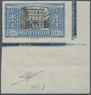 14743 Italien: 1923: 1 Lire Manzoni, Lower Right Corner Of The Sheet, Imperforated, Signed Sorani. Sassone - Storia Postale