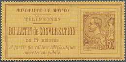 15220 Monaco - Ganzsachen: 1892, Telephone Billet, 50c. Brown On Yellow, Unused No Gum As Issued. Maury 1, - Interi Postali