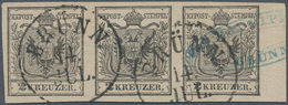 15291 Österreich: 1850, 2 Kr. Schwarz HP Type Ia Im Waagrechten Dreierstreifen Vom Rechten Rand (6 Mm) All - Ungebraucht