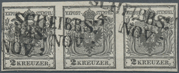 15293 Österreich: 1850, 2 Kr. Schwarz HP Type Ia Im Waagrechten Dreierstreifen Links Eng- Ansonsten Voll- - Ungebraucht