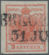 15298 Österreich: 1850, 3 Kr. Rot Auf SEIDEN-Papier (0,07 Mm) Allseits Voll- Bis Breitrandig Mit Sauberen - Ungebraucht