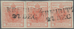 15299 Österreich: 1850, 3 Kr. Rot HP Type I Im Waagr. Allseits Voll- Bis Breitrandigen DREIER-Streifen Mit - Ungebraucht