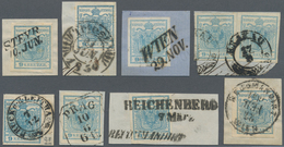 15313 Österreich: 1850, 9 Kr. Hellblau HP Type I 28 Werte Lose Oder Auf Briefstücken Alle Voll- Bis Breitr - Neufs