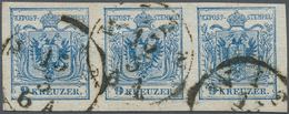 15319 Österreich: 1850, 9 Kr. Blau HP Type III Im Waagrechten Dreierstreifen Allseits Voll- Bis Breitrandi - Neufs