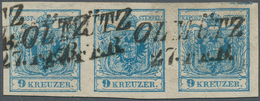 15328 Österreich: 1850, 9 Kr. Blau MP Type IIIb Im Waagrechten Dreierstreifen Allseits Voll- Bis Breitrand - Neufs