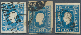 15340A Österreich: 1858, Zeitungsmarke 1.05 Kr. Blau, Drei Gestempelte Farbfrische Werte, Schmal- Bis überr - Neufs