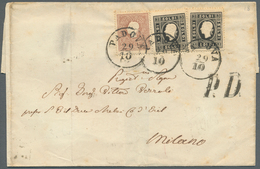 15607 Österreich - Lombardei Und Venetien: 1859 10 So. Lilabraun In Kombination Mit Zwei Einzelmarken 3 So - Lombardo-Venetien