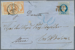 15640 Österreichische Post In Der Levante: 1867, 10 So. Blau Mit L2 "CANEA 16.LUG." Auf Faltbrief Nach Ath - Levante-Marken