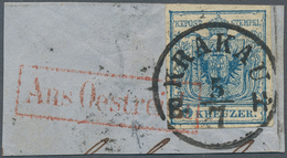 15725 Österreich - Stempel: KRAKAU (Galizien): 1850, 9 Kr. Blau MP Allseits Vollrandig Auf Briefstück Mit - Maschinenstempel (EMA)