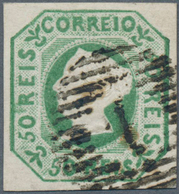 15848 Portugal: 1853, Queen Maria II. 50 R. Green, Good To Wide Margin All Around, Used With Numeral "1", - Storia Postale