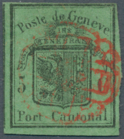 16043 Schweiz - Genf: 1848 Großer Adler 5 C. Schwarz/dunkelgrün, Gebraucht Und Entwertet Mit Roter Genferr - 1843-1852 Timbres Cantonaux Et  Fédéraux