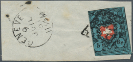 16050 Schweiz: 1850 Rayon I 5 Rp. Schwarz/karmin/dunkelblau Auf Kleinem Briefstück, übergehend Entwertet M - Neufs