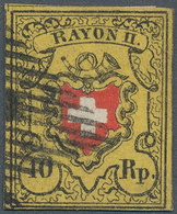 16056 Schweiz: 1850: 10 Rp RAYON II Ohne Kreuzeinfassung, Type 16, Stein B-LU, KARTONPAPIER, Entwertet Mit - Neufs