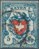 16058 Schweiz: 1850, 5 Rp. Rayon I Mattblau/rot, Type 14, Stein B2-RU, Zst. Nr. 17II Ab.2 : 6/12 Der Einfa - Ungebraucht