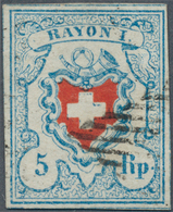 16059 Schweiz: 1850-51 Rayon I 5 Rp. Hellblau/rot Mit Ca. 3/12 Kreuzeinfassung, Type 3 Vom Stein C1-LU, Ge - Ungebraucht
