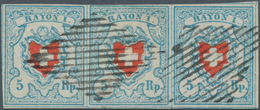 16061 Schweiz: 1851: 5 Rp Hellblau/rot, Stein C1, Dünnes Papier, Waagerechter Dreierstreifen, Farbfrisch, - Neufs