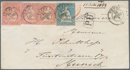 16070 Schweiz: 1862, Briefkuvert Von Vevey Nach München Frankiert Mit Strubel 10 Rp. Blau Und Drei Einzelw - Neufs