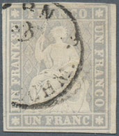 16078 Schweiz: 1855 Strubel 1 Fr. Grau Mit Schwarzem Seidenfaden, Gebraucht 1859 Und Gestempelt Mit Ortsst - Neufs