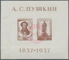 16200 Sowjetunion: 1937, Pushkin Souvenir Sheet, Two Copies Oblit. By Black Resp. By RED C.d.s., Slight Ma - Brieven En Documenten